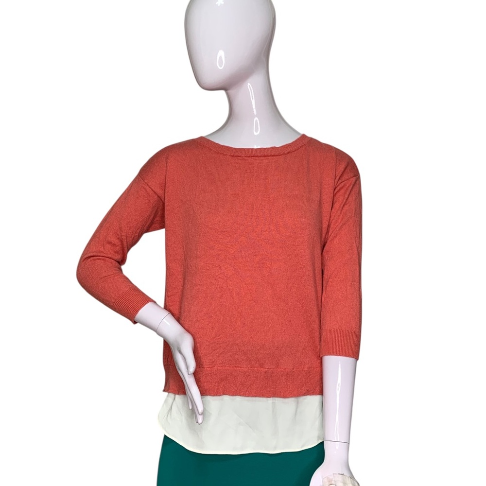 Ann Taylor Fine Knit Top Coral 3/4 Sleeves Beige Layer Attached Size XS